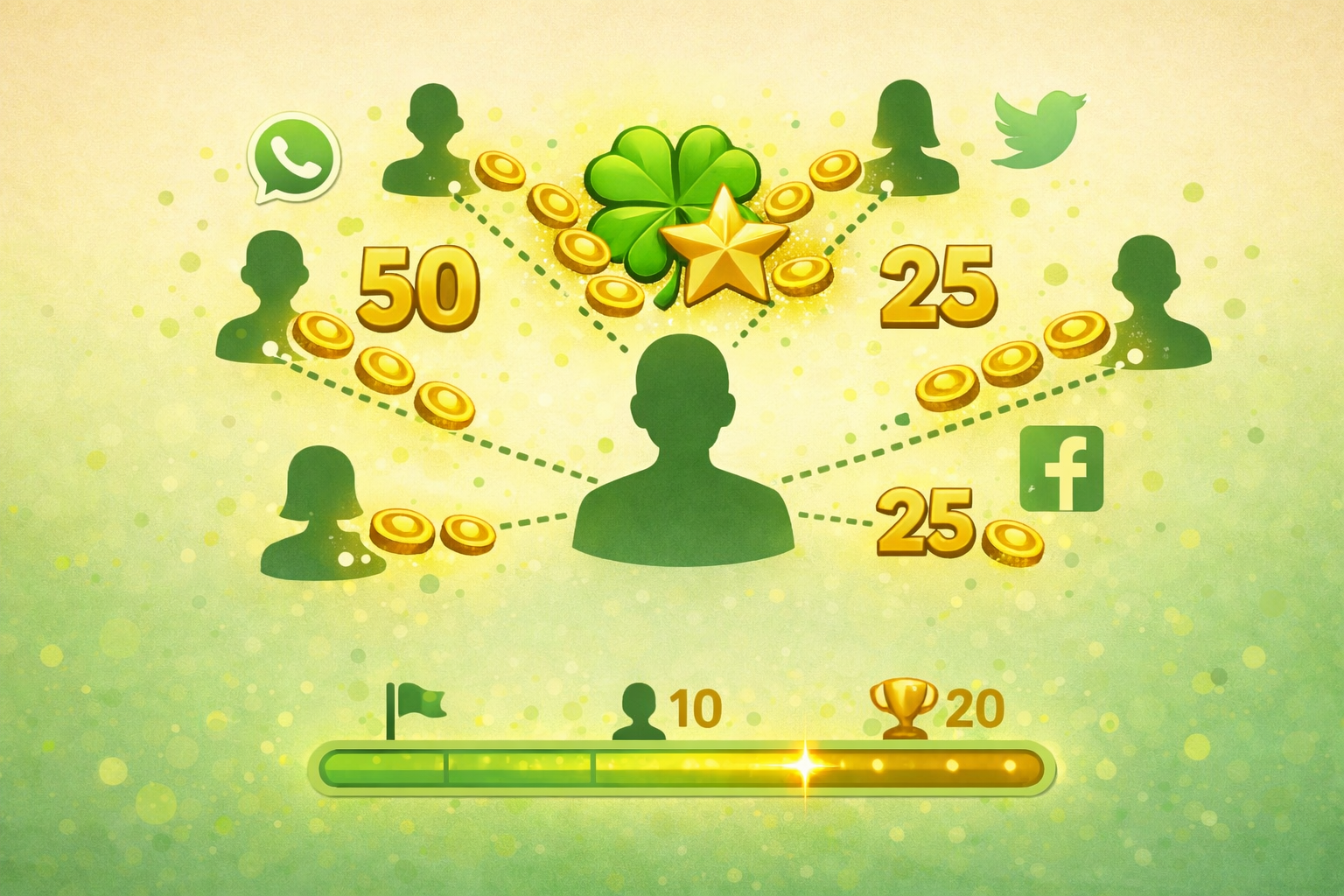 Ilustracao de pessoas conectadas compartilhando indicacoes na Fezinha